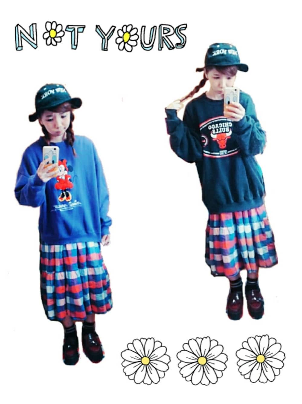 「A.D.G、バケットハット、ロングスカート、ローファー、みつあみ、チェックスカート」｜「RNAのアイテム（その他シューズ、ブラウン系）」を使った、のじ。さん（レディース・154cm）の春コーディネートの1枚目の写真