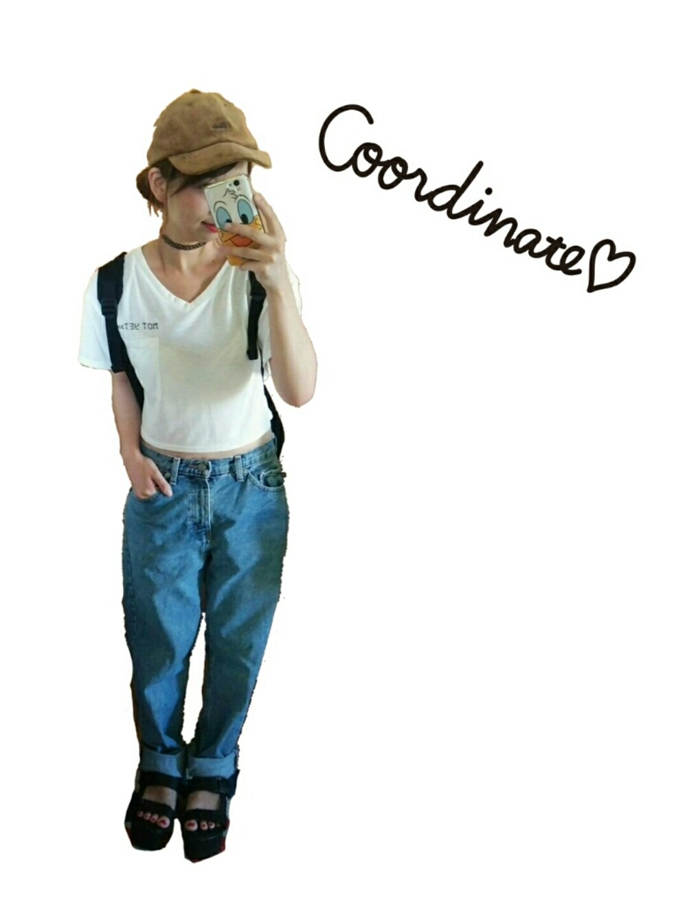 「denim、ハニーズ、used、古着MIX、streetstyle」｜「jouetieのNOTYET ショートVネックT（Tシャツ/カットソー、ホワイト系）」を使った、のじ。さん（レディース・155cm）の夏コーディネートの1枚目の写真