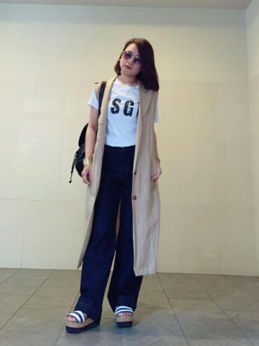 「ロングジレ、ワイドデニム、MSGM、初夏」｜「SUGAR ROSEのアイテム（その他アウター、ベージュ系）」を使った、masumiさん（レディース・153cm）の夏コーディネートの1枚目の写真
