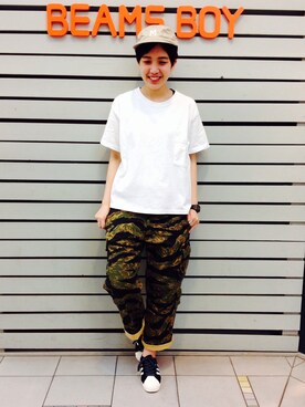 「BEAMS BOY（ビームスボーイ）のアイテム（キャップ）」を使った、モリグチナオさん（レディース・161cm）の春コーディネート