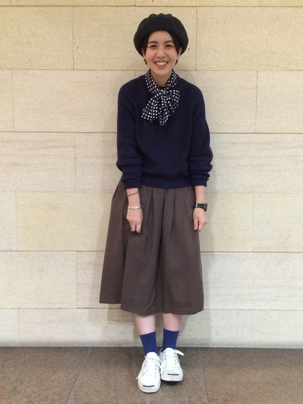 「BEAMS BOY」｜「BEAMS BOYのJackman / ワッフル ミドルネック トップス（スウェット、ブルー系）」を使った、モリグチナオさん（レディース・161cm）の秋コーディネートの1枚目の写真