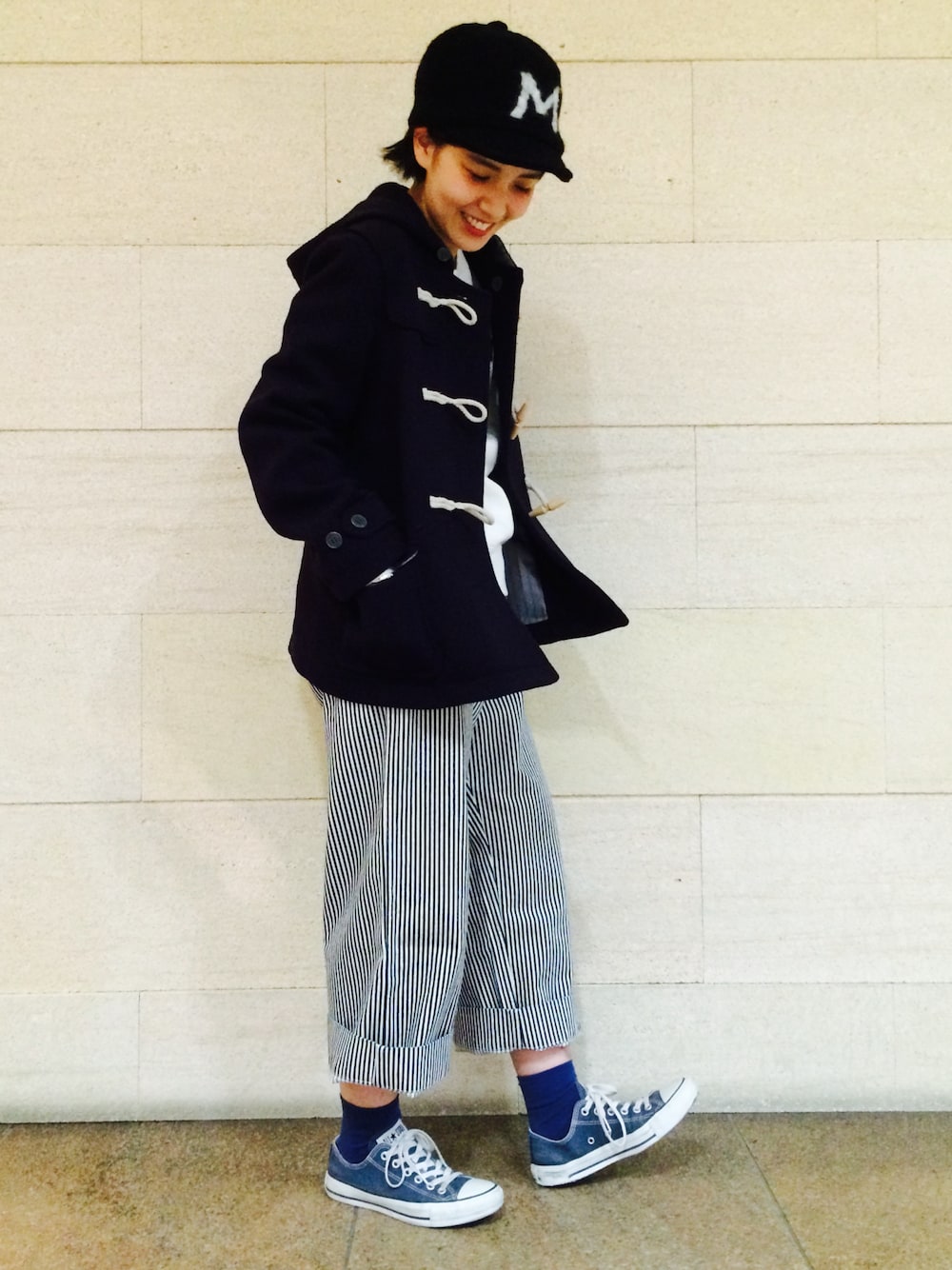 「BEAMS BOY、ダッフルコート」｜「BEAMS BOYの【期間限定10%OFF】BEAMS BOY / ヘリンボンウール ダッフルコート■▼（ダッフルコート、ブルー系）」を使った、モリグチナオさん（レディース・161cm）の秋コーディネートの1枚目の写真