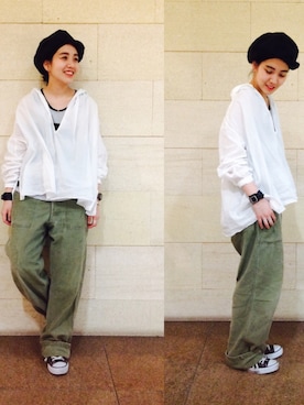 「YAECA（ヤエカ）のアイテム」を使った、モリグチナオさん（レディース・161cm）の春コーディネート