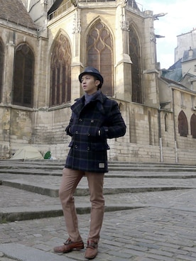 「アイテム（ダウンジャケット/コート、ブルー系）」を使った、KennyChiuさん（メンズ・170cm）の冬コーディネート