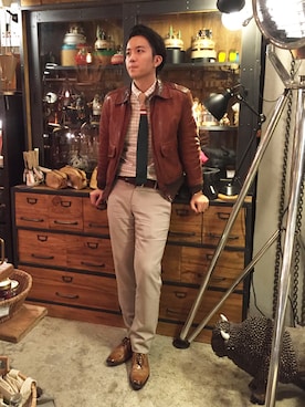 「アイテム（ミリタリージャケット、ブラウン系）」を使った、KennyChiuさん（メンズ・170cm）の秋コーディネート