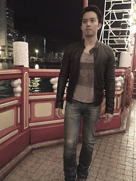 「アイテム（ライダースジャケット、グリーン系）」を使った、KennyChiuさん（メンズ・170cm）の冬コーディネート