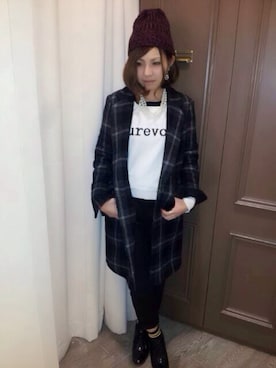 「ロゴニット」｜「アイテム（チェスターコート）」を使った、こもりんさん（レディース・154cm）の秋コーディネート
