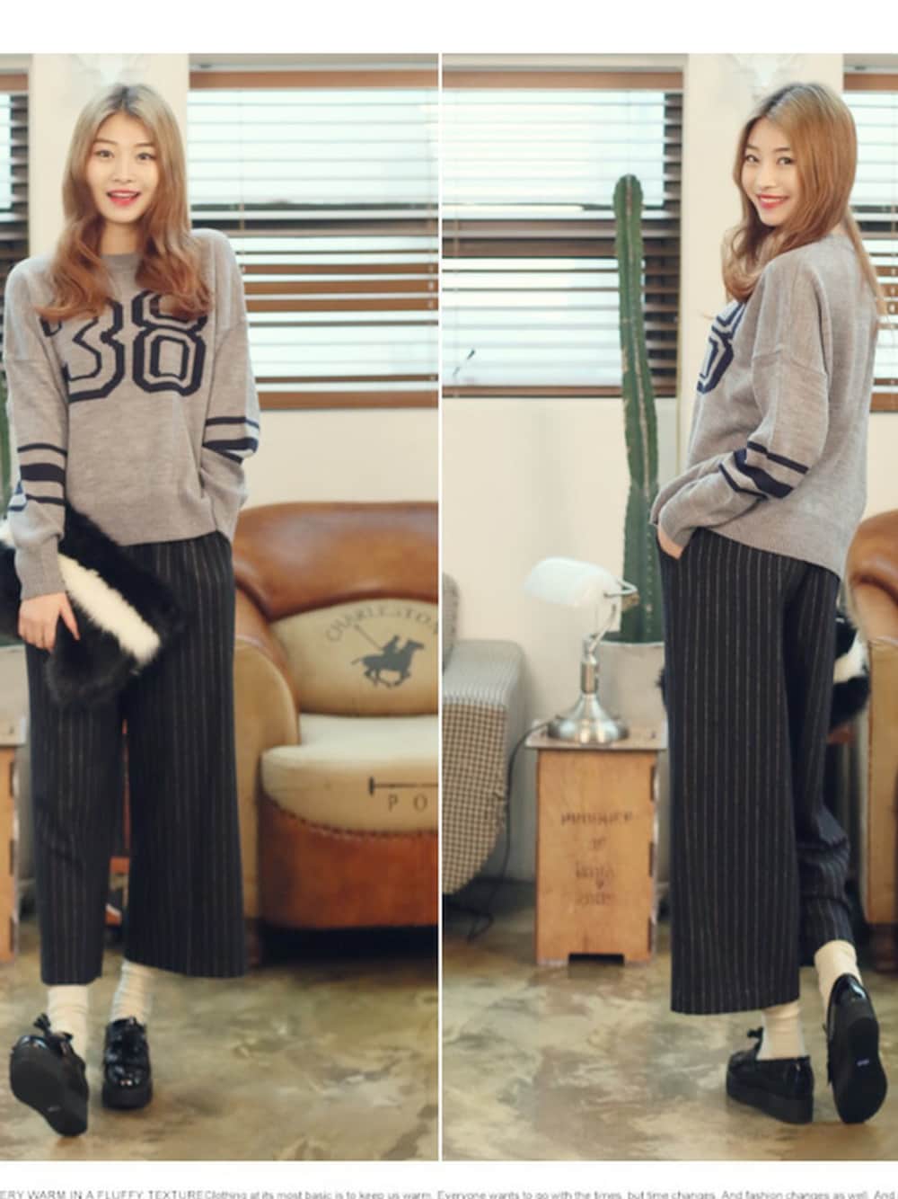 グレー系のニット/セーター、ブラック系のその他パンツ、ブラック系のその他シューズを着用したレディースの秋コーディネートの1枚目の写真