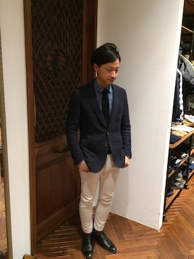 「アイテム（ネクタイ、グリーン系）」を使った、Yoshihiko Saisuさん（メンズ・171cm）の冬コーディネート