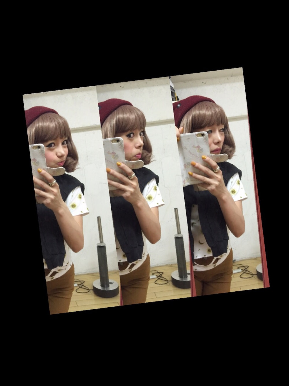 「ニット帽、秋のコーデ、自撮り、変顔、おれやで？、適当、ごめんなさい、ナルシスト疑惑、楽しみ隊、ネタとして扱って下さい笑」｜「ENVYMのアイテム（ハット、ブラック系）」を使った、いちさん（レディース・155cm）の夏コーディネートの1枚目の写真