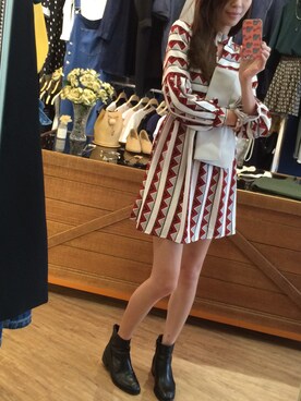 「アイテム（チュニック、レッド系）」を使った、Huhu Chenさん（レディース・167cm）の秋コーディネート