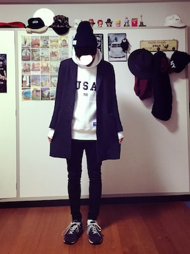 「プルオーバーパーカー」｜「アイテム（チェスターコート）」を使った、nakamu----さん（メンズ・173cm）の冬コーディネート