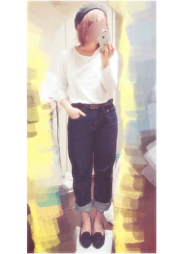 「Tシャツ×デニム」｜「アイテム（ハンチング/ベレー帽）」を使った、カ キ ク ケ 子 ○△■さん（レディース・158cm）の冬コーディネート
