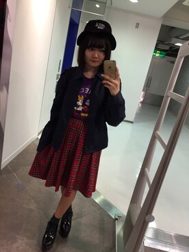 「赤チェック」｜「アイテム（ナイロンジャケット）」を使った、えりりさん（レディース・162cm）の冬コーディネート