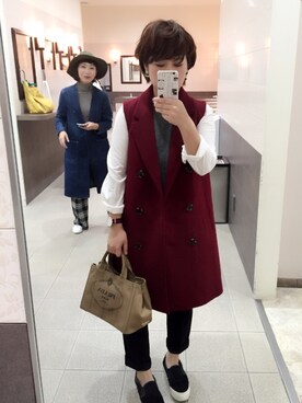 「アイテム（ベスト、レッド系）」を使った、nonnonさん（レディース・155cm）の秋コーディネート