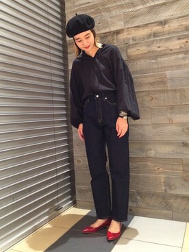 「BEAUTY&YOUTH UNITED ARROWS（ビューティーアンドユースユナイテッドアローズ）の＜LAULHERE＞ウール ベレー帽（ハンチング/ベレー帽、ブラック系）」を使った、Tomomi Okudaさん（レディース・161cm）の夏コーディネート