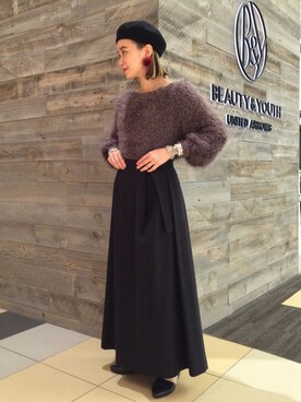 「BEAUTY&YOUTH UNITED ARROWS（ビューティーアンドユースユナイテッドアローズ）のBY フェルト カラーベレー帽（ハンチング/ベレー帽、ブラック系）」を使った、Tomomi Okudaさん（レディース・161cm）の秋コーディネート