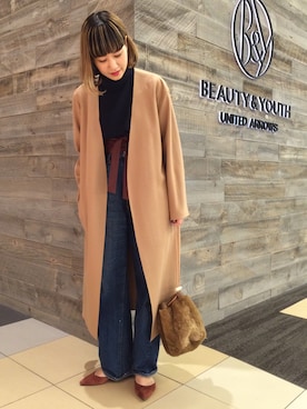 「BEAUTY&YOUTH UNITED ARROWS（ビューティーアンドユースユナイテッドアローズ）のBY∴ スムーススリットロングアウター（その他アウター、ベージュ系）」を使った、Tomomi Okudaさん（レディース・161cm）の秋コーディネート