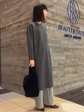 「BEAUTY&YOUTH UNITED ARROWS（ビューティーアンドユースユナイテッドアローズ）のBY ダブルフェイス ポケットワンピース（ワンピース、グレー系）」を使った、Tomomi Okudaさん（レディース・161cm）の秋コーディネート