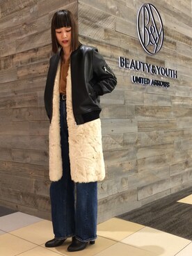 「BEAUTY&YOUTH UNITED ARROWS（ビューティーアンドユースユナイテッドアローズ）のBY∴ ラムレザーMA-1（その他アウター、ブラック系）」を使った、Tomomi Okudaさん（レディース・161cm）の秋コーディネート
