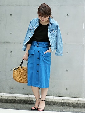 「サックスブルー」｜「アイテム（デニムジャケット）」を使った、MIHOさん（レディース・154cm）の夏コーディネート