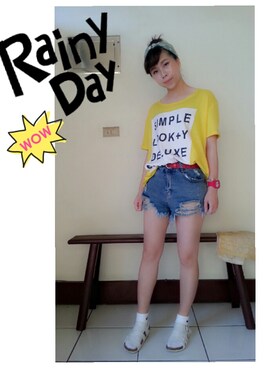 「Planet行星のアイテム（Tシャツ/カットソー、イエロー系）」を使った、ziziさん（レディース・158cm）の夏コーディネート