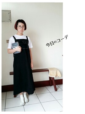 「女孩別哭のアイテム（サロペット/オーバーオール、ブラック系）」を使った、ziziさん（レディース・158cm）の夏コーディネート