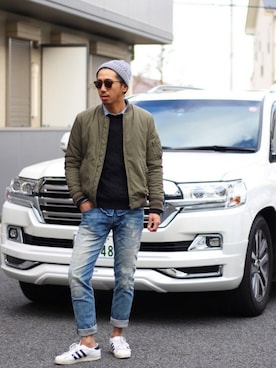 「Saturdays NYC（サタデーズ ニューヨークシティ ）のアイテム（ニットキャップ/ビーニー）」を使った、yoshiyaさん（メンズ・181cm）の春コーディネート