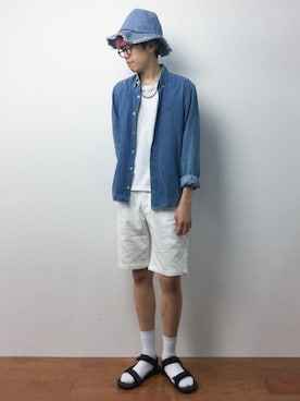 「UP START（アップスタート）のアイテム（帽子）」を使った、まっこいさん（メンズ・176cm）の夏コーディネート