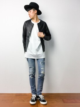 「BLACK by VANQUISH(ブラックバイバンキッシュ)のアイテム(ライダースジャケット)」を使った、まっこいさん(メンズ・176cm)の夏コーディネート