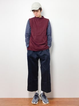 「アイテム（ベスト、レッド系）」を使った、まっこいさん（メンズ・176cm）の秋コーディネート