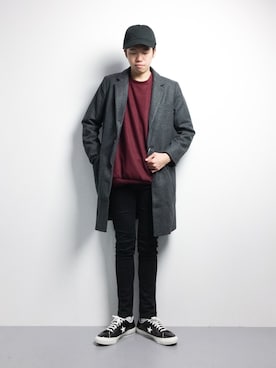 「unrelaxing（アンリラクシング）のアイテム（チェスターコート）」を使った、まっこいさん（メンズ・176cm）の冬コーディネート