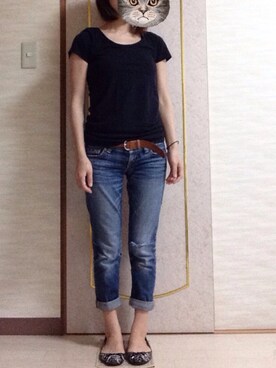 「AZUL by moussy（アズールバイマウジー）の30/-CVC天竺BCヨーク切替R/N半袖PO（Tシャツ/カットソー、ホワイト系）」を使った、hinaco.toさん（レディース・156cm）の春コーディネート