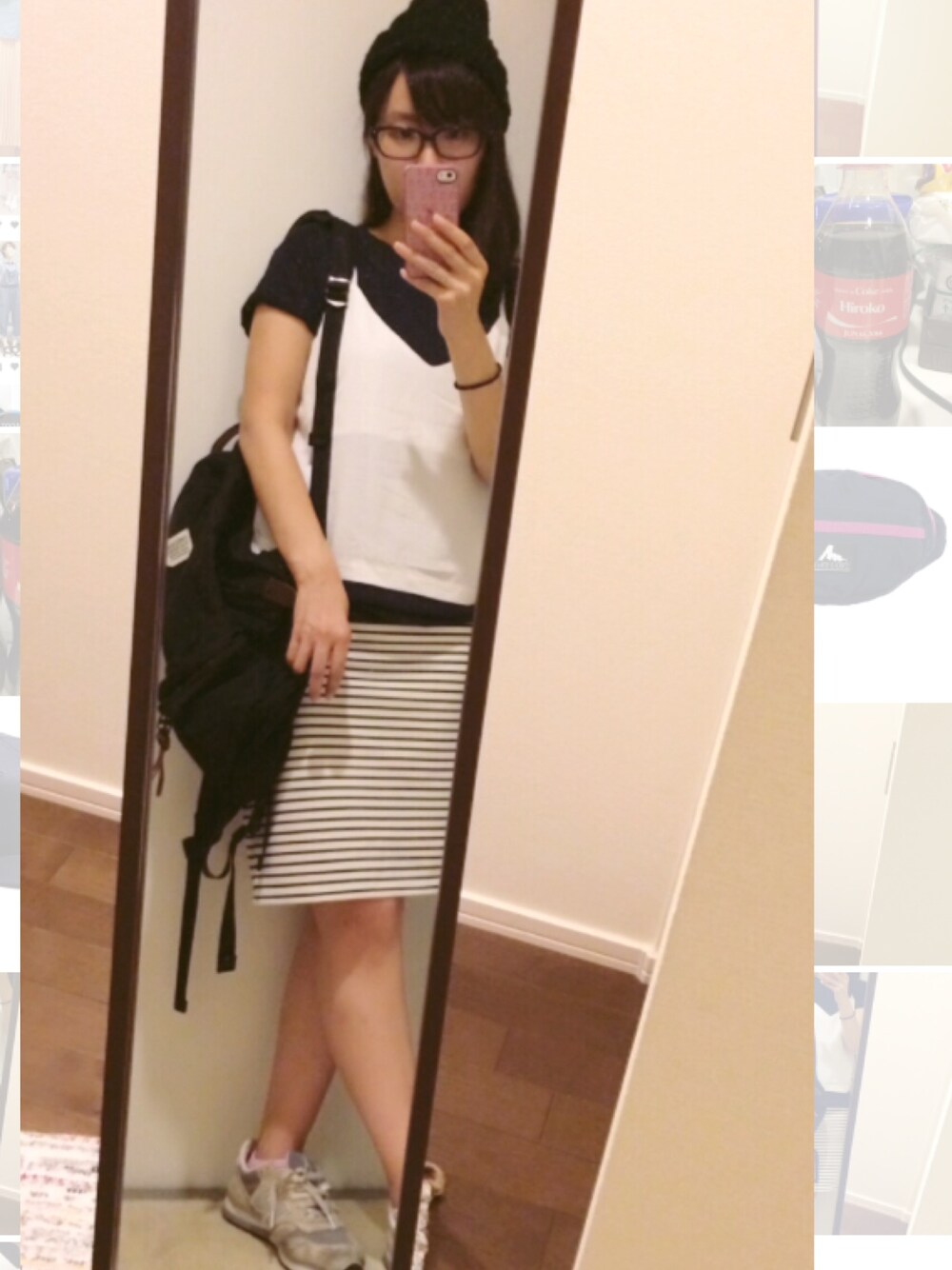 グレー系のスニーカー、ブラック系のバックパック/リュック、ホワイト系のTシャツ/カットソーを着用したレディースの夏コーディネートの1枚目の写真