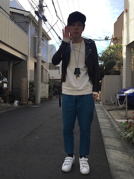 「FACETASM」｜「アイテム（ライダースジャケット）」を使った、好井まさおさん（メンズ・171cm）の秋コーディネート