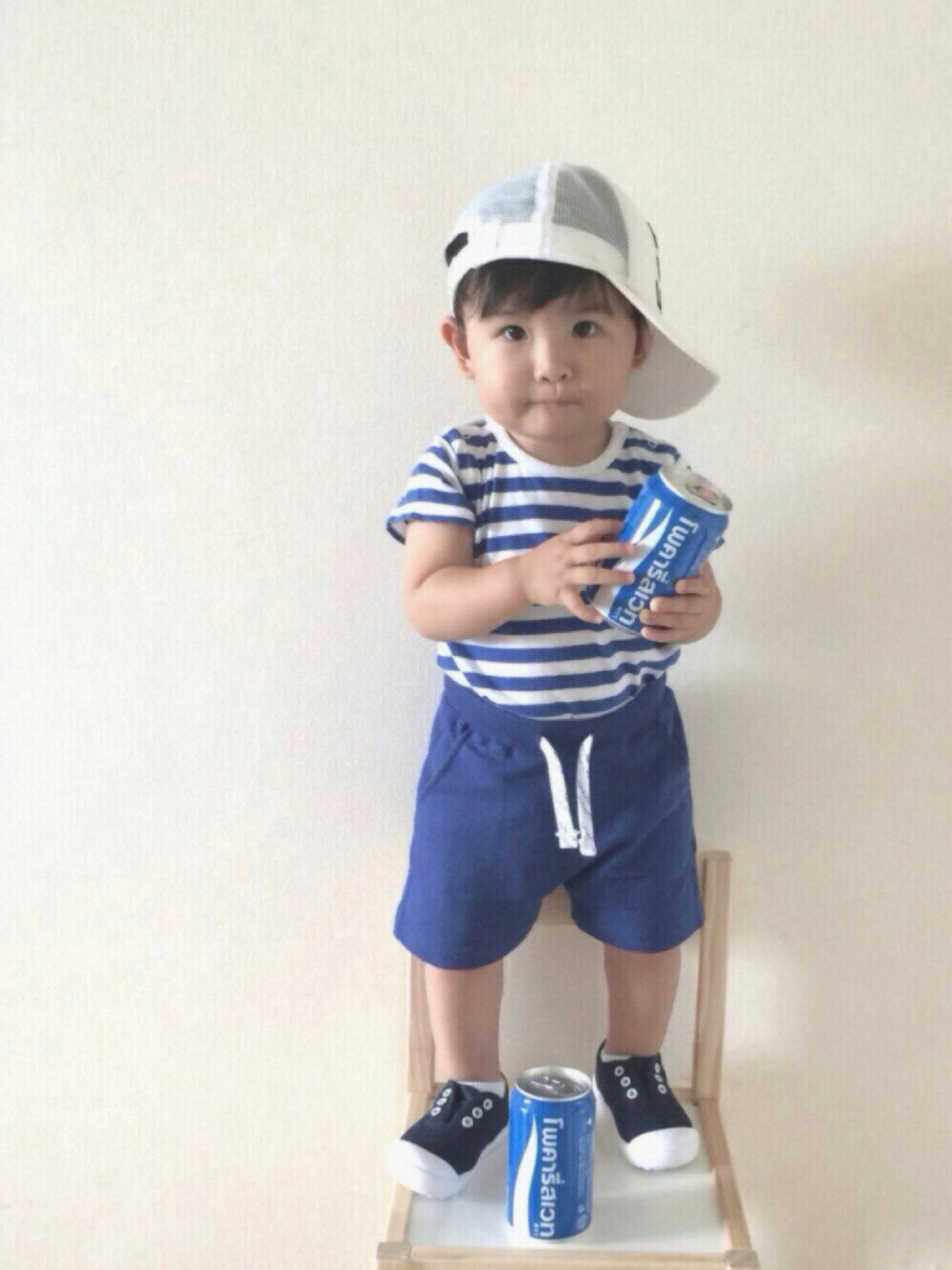 「ポカリコーデバトン、夏コーデ、真っ青、おとこのこ、1歳4ヶ月、常夏、Thailand」｜「BREEZEの6柄キャップ（キャップ、ホワイト系）」を使った、RYU ◡̈♡さん（キッズ・80cm）の夏コーディネートの1枚目の写真
