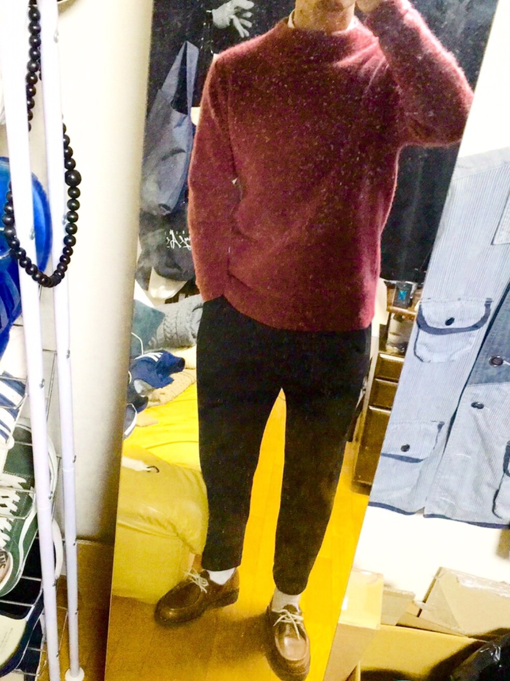 「camoshita UNITED ARROWSのアイテム（ニット/セーター、レッド系）」を使った、将'n◢ ◤しょーんさん（メンズ・173cm）の冬コーディネートの1枚目の写真