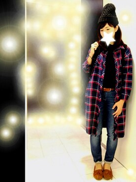 「フランネルシャツ」｜「アイテム（モカシン/デッキシューズ）」を使った、かえさん（レディース・161cm）の秋コーディネート