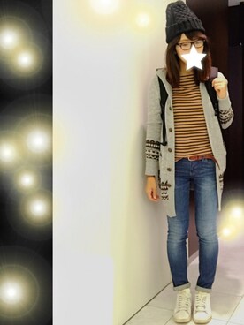 「ケーブルカーディガン」｜「アイテム（ニットキャップ/ビーニー）」を使った、かえさん（レディース・161cm）の秋コーディネート