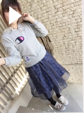 「チャンピオン パーカー」｜「アイテム（スカート）」を使った、あいたそさん（レディース・160cm）の冬コーディネート