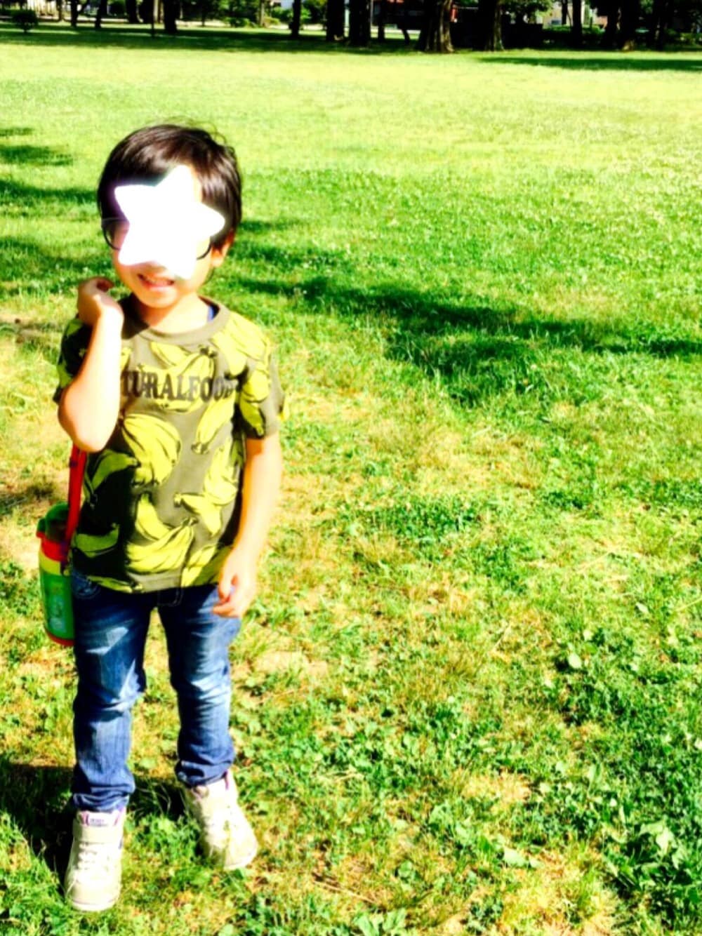 「公園、公園スタイル、公園コーデ、バナナ」｜「西松屋のアイテム（Tシャツ/カットソー、グリーン系）」を使った、ＹandＲさん（キッズ・100cm）の夏コーディネートの1枚目の写真
