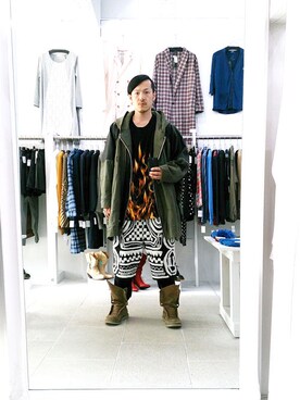 「RICK OWENS」｜「アイテム（モッズコート）」を使った、アールさん（メンズ・172cm）の春コーディネート