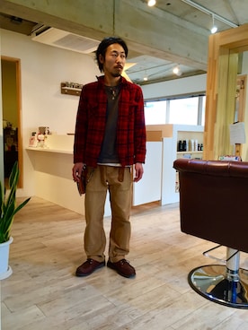 「アイテム（モカシン/デッキシューズ）」を使った、ヘアーアトリエメル亀井さん（メンズ・165cm・30代）の冬コーディネート