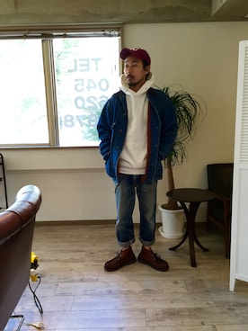 「アイテム（パーカー）」を使った、ヘアーアトリエメル亀井さん（メンズ・165cm・30代）の春コーディネート