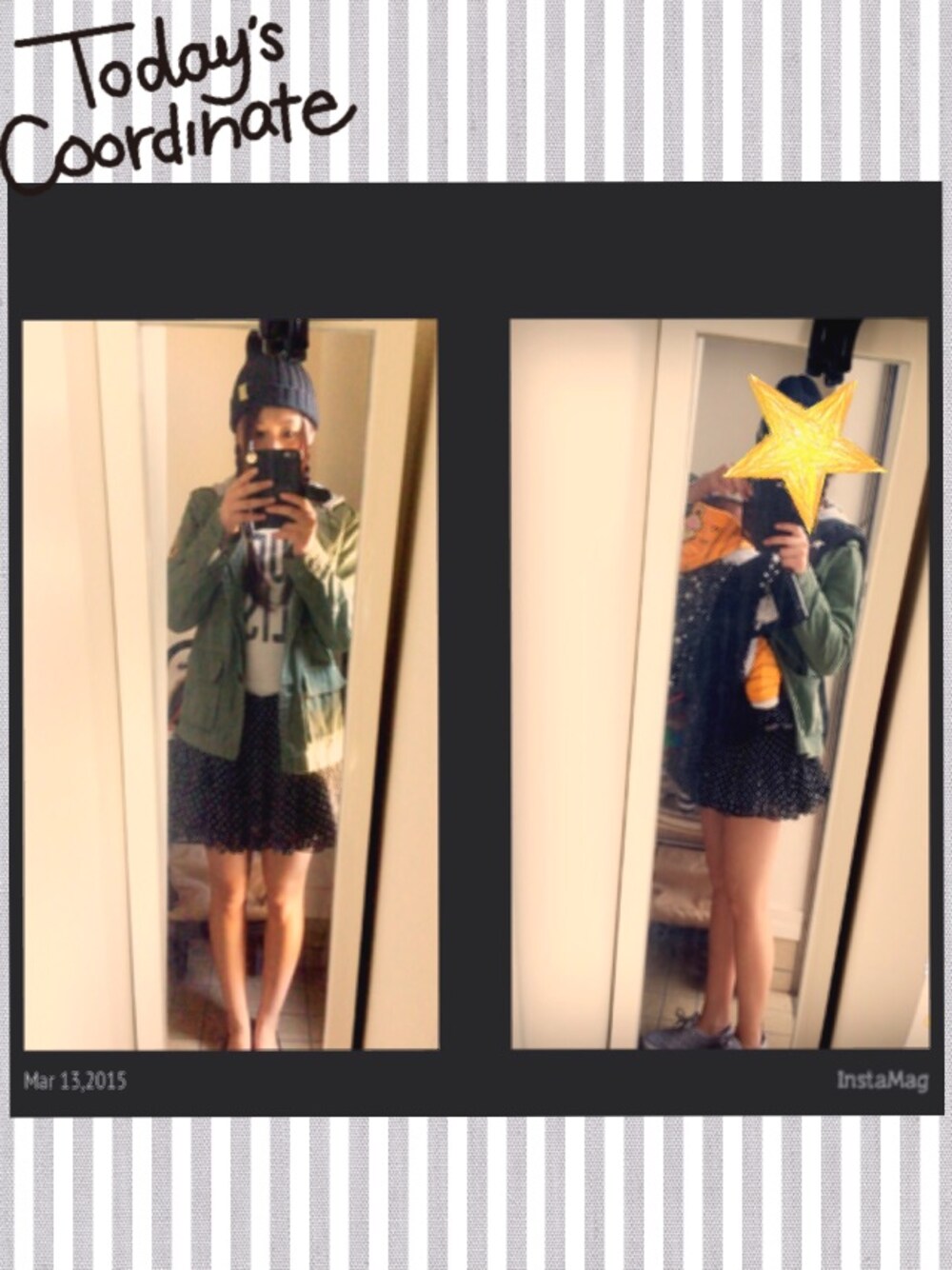 「ミリタリー、ショッピング、お散歩♪、ニット帽、ミニスカート」｜「しまむらのアイテム（Tシャツ/カットソー、ホワイト系）」を使った、˚✩なぁちゃん✩*さん（レディース・159cm）の春コーディネートの1枚目の写真