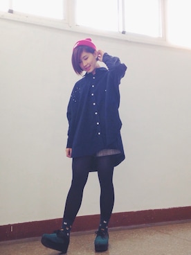 「school」｜「アイテム（ニットキャップ/ビーニー）」を使った、奈     Charlotte さん（レディース・151cm）の冬コーディネート