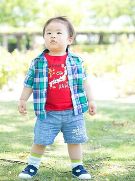 「H&M（エイチ・アンド・エム）のアイテム（シューズ）」を使った、ゆずやさん（キッズ・80cm）の夏コーディネート