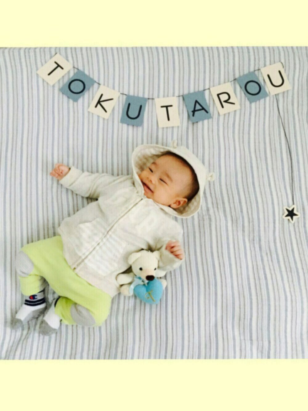 「生後3ヶ月、おとこのこ、０歳、ベビー、babygap、キッズファッション、男の子コーデ、baby、60cm、秋のコーデ」｜「Handmadeのアイテム（その他雑貨、ブルー系）」を使った、eric2215さん（キッズ・60cm）の秋コーディネートの1枚目の写真