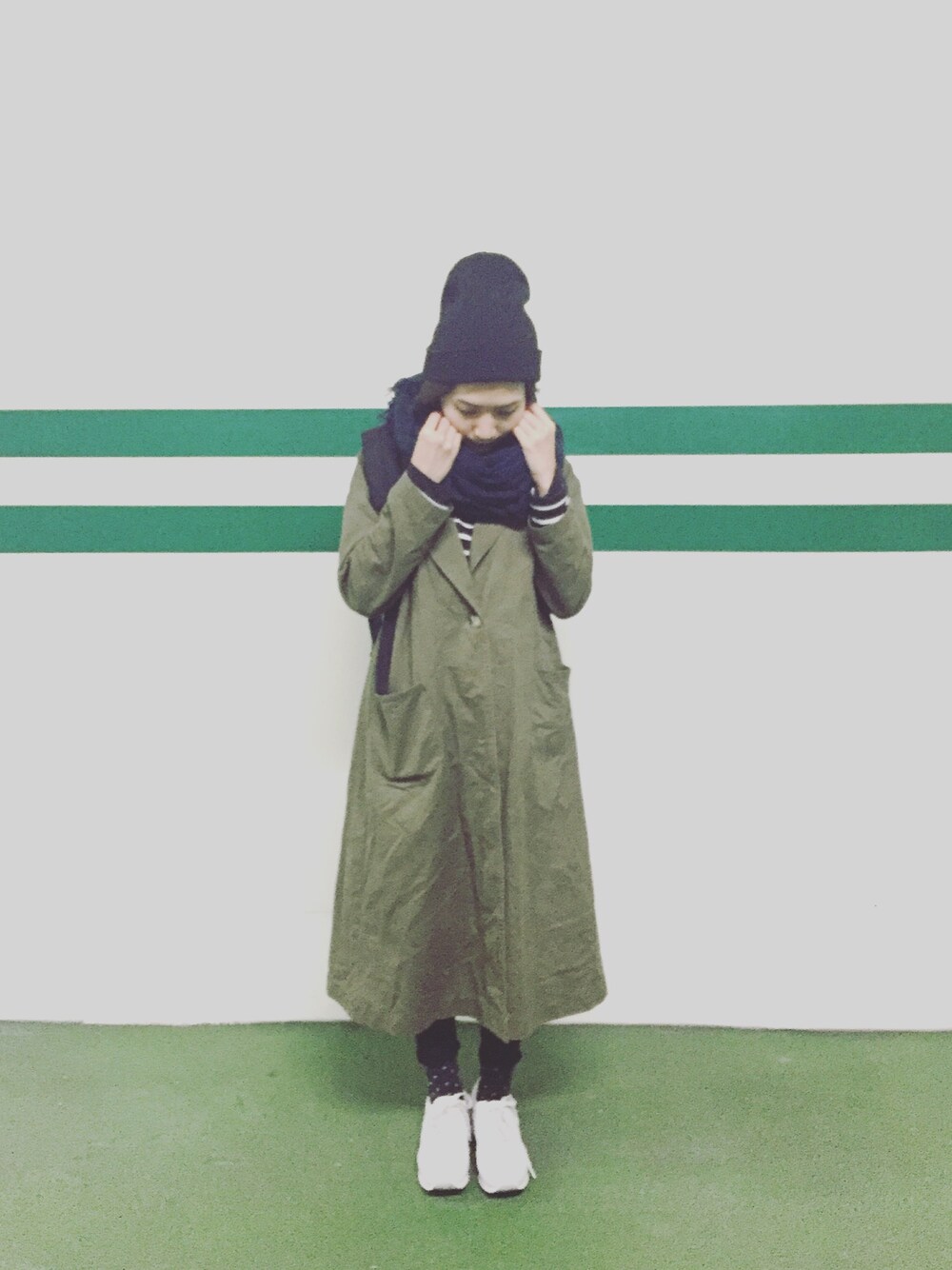 「ootd、green、lookbook、Meier.Q」｜「MEIER.Qのアイテム（ダウンジャケット/コート、その他）」を使った、陳泛亭さん（レディース・158cm）の冬コーディネートの1枚目の写真