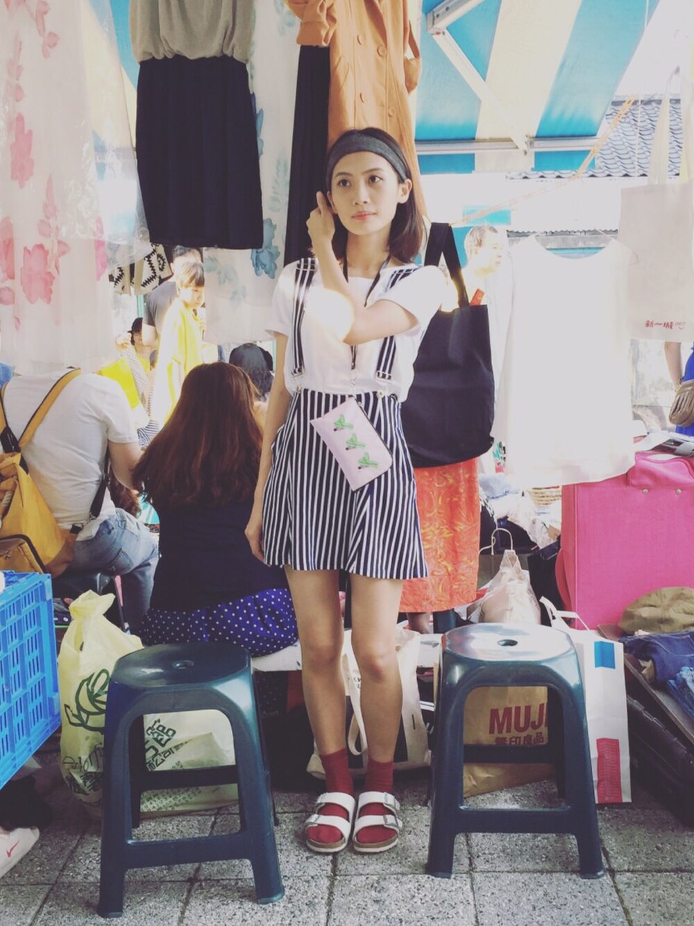 「夏、ootd、fleamarket、second hand、lookbook、birkenstock、skirt、stripe、Taiwan」｜「PAZZOのアイテム（スカート、その他）」を使った、陳泛亭さん（レディース・158cm）の春コーディネートの1枚目の写真
